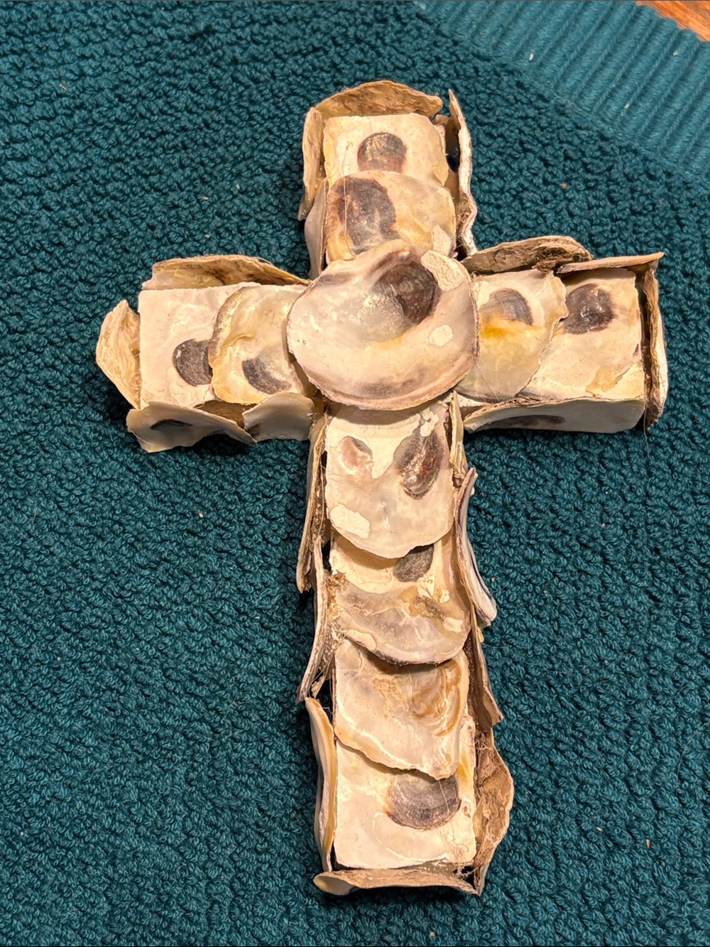 Handmade OysterShell Cross Wall Art in Natural Beige and Brown
